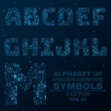 Alfabe sembolleri program kodu üzerinden. Tasarım programlama. Mavi parlak harflerdir. A, B, C, D. vektör çizim. EPS 10