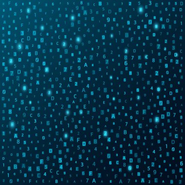 Onaltılı sayı sistemi. Modern arka plan. Parlayan rakam ve harf mavidir. Yüksek teknoloji ve programlama. Vektör çizim