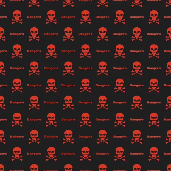 Abstraktes Muster. Rote Totenköpfe auf schwarzem Hintergrund. Beschriftungsgefahr. Vektor-Illustration im flachen Stil — Stockvektor