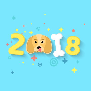 2018 yıl. Sarı dünya köpek yılı. Resimler 3d tarzı kaotik büyüklükte. Beyaz kemik. Köpek lickens. Düşen gölge. Düz bir stil vektör çizim