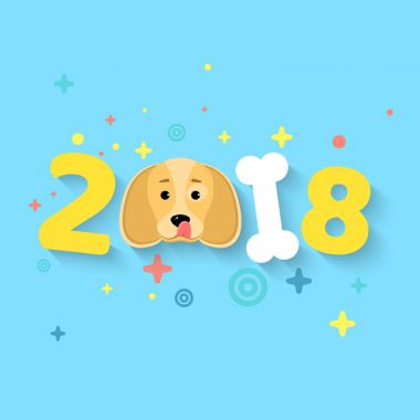 2018 yıl. Sarı dünya köpek yılı. Kaotik sayılardır. Beyaz kemik. Düşen gölge. Köpek lickens. Düz bir stil vektör çizim