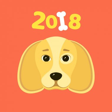 2018 yıl. Sarı dünya köpek yılı. Güzel resimler kırmızı bir arka plan üzerinde. Beyaz kemik. Düşen gölge. Düz bir stil vektör çizim
