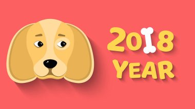 2018 yıl. Sarı dünya köpek yılı. Köpek kemikte görünüyor. Beyaz arka plan üzerinde izole. Beyaz kemik. Düşen gölge. Düz bir stil vektör çizim