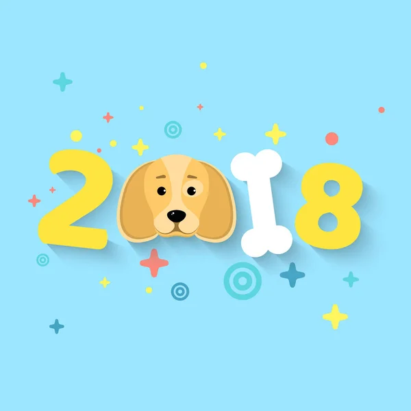 2018 jaar. Het jaar van de hond gele aarde. Een patroon van verschillende, multi-gekleurde symbolen. De nummers zijn chaotische. Witte bot. De vallende schaduw. Vectorillustratie in een vlakke stijl — Stockvector