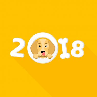 2018 sarı dünya köpek yılıdır. Çok güzel çizgi film köpeğe benziyor. Karikatür rakamlar bir gölge ile. Turuncu arka plan. Takvim için kapak. Düz bir stil vektör çizim