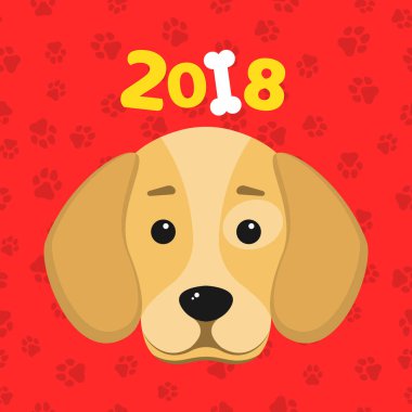 2018 sarı dünya köpek yılıdır. Çok güzel çizgi film köpeğe benziyor. Karikatür rakamlar. Kırmızı desen parçaları. Takvim için kapak. Düz bir stil vektör çizim