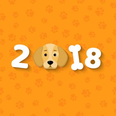 2018 sarı dünya köpek yılıdır. Çok güzel çizgi film köpeğe benziyor. Karikatür rakamlar. Turuncu desen parçaları. Takvim için kapak. Düz bir stil vektör çizim
