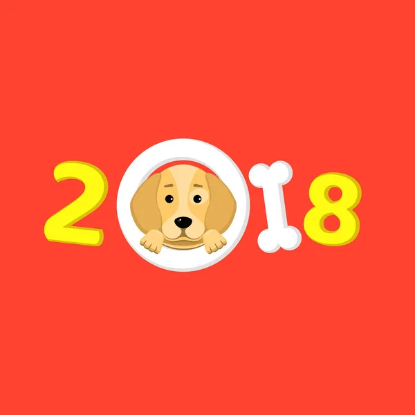 2018 рік - собака жовтого кольору. Прекрасний мультяшний собака виглядає. Мультиплікаційні фігури. Червоний фон. Обкладинка календаря. Векторні ілюстрації в плоскому стилі — стоковий вектор
