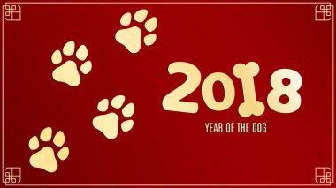 Köpek yılı. Altın izlemeler grunge tarzı. Sayı bir desen ile kırmızı bir arka plan üzerine. Çince Zodyak. Yıl sembolü. Vektör çizim