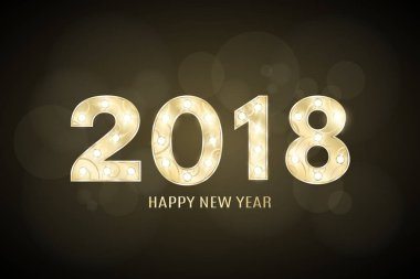 Mutlu yeni yıl 2018 ve Noel. Köpek yılı. Altın rakamlar göstermek için bir desen ile. Yanıp sönen lambalar. Sunum ve gösteri ile ilgili rakamlar. Parlama bokeh