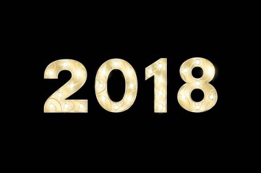 Mutlu yeni yıl 2018 ve Noel. Köpek yılı. Altın rakamlar göstermek için bir desen ile. Yanıp sönen lambalar. Sunum ve gösteri ile ilgili rakamlar. Siyah bir arka plan üzerinde izole