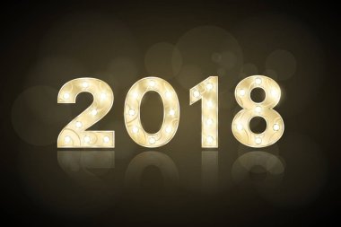 Mutlu yeni yıl 2018 ve Noel. Köpek yılı. Altın rakamlar göstermek için bir desen ile. Yanıp sönen lambalar. Ayna yansıması. Sunum ve gösteri ile ilgili rakamlar. Parlama bokeh