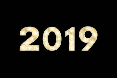 Mutlu yeni yıl 2019 ve Noel. Altın rakamlar göstermek için bir desen ile. Yanıp sönen lambalar. Sunum ve gösteri ile ilgili rakamlar. Siyah bir arka plan üzerinde izole