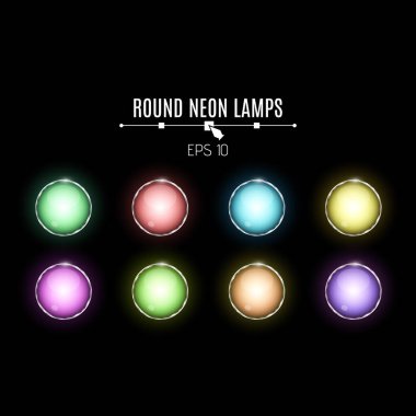 Gerçekçi, yuvarlak, neon lambaları bir dizi. Çok renkli lambalar karanlıkta parlayan. Metal kaplama. Süper disco. Vektör çizim