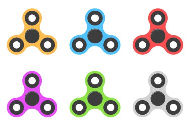 Spinner. Modern bir anti-stres oyuncak düz bir tarzda. Elleri ve parmakları için bir oyuncak. Taşıyıcı sistem. Çok renkli spinners beyaz arka plan üzerinde izole kümesi