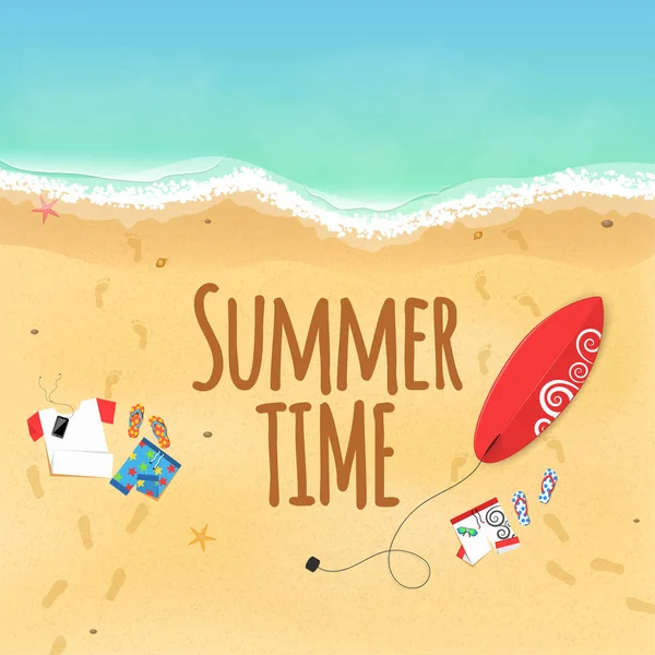 Summer time. Clothes on the beach. Sand grains. Waves from the sea. Surfboard. Footprints from the feet on the sand. Rest on the beach. Text on the sand. Cover for the project. Vector illustration — Stock Vector