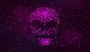 A large purple skull made of binary code symbols in outer space. Hackers broke the computer system. Fantastic, purple starry sky. Empty eyes. Vector illustration clipart