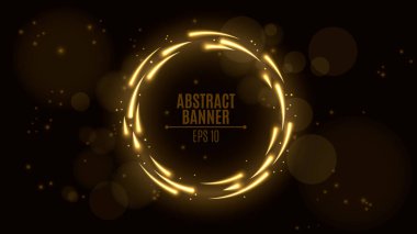 Altın renkli parlak neon afiş. Parlayan ışıklar ile küçük parçacıklar hareket. Parlama bokeh. Ortamda bulunan toz tanecikleri ve ışıklar uçan. Afiş web için. Vektör çizim