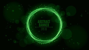 Yeşil renk parlak neon afiş. Parlayan ışıklar ile küçük parçacıklar hareket. Parlama bokeh. Ortamda bulunan toz tanecikleri ve ışıklar uçan. Afiş web için. Vektör çizim