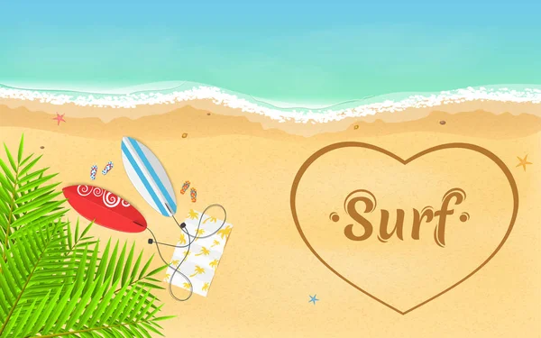 I love surfing. Leaves of a palm tree. On the beach there are surfboards and slippers with a towel. Heart painted on a sandy beach. Time for rest and sports. Vector illustration — Stock Vector