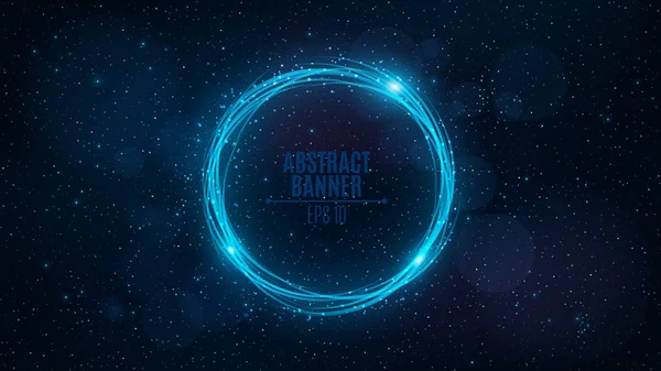 Rotating banner of neon, glowing blue lines against the background of the starry sky. Flying particles. Space pattern for the project. Big and fantastic galaxy. Vector illustration — Stock Vector