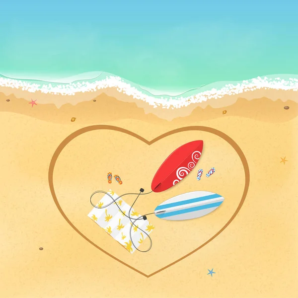 我又喜欢冲浪。在沙滩上有冲浪板和拖鞋，带有一条毛巾。心画在沙滩上。休息和运动时间。矢量图 — 图库矢量图片