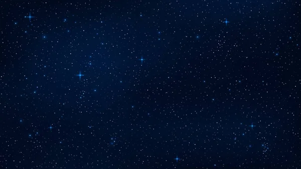 Un cielo estrellado realista con un brillo azul. Estrellas brillantes en el cielo oscuro. Fondo, fondo de pantalla para su proyecto. Ilustración vectorial — Vector de stock