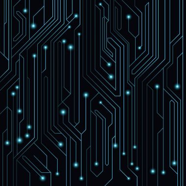 Yüksek teknoloji bilgisayar kurulu LED ile parlak neon bağlayıcılar ile mavi renk arka plan. Bilgisayar devre. Vektör çizim