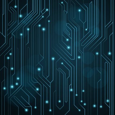 Yüksek teknoloji bilgisayar kurulu LED ile parlak neon bağlayıcılar ile mavi renk arka plan. Bilgisayar devre. Büyük bir elektronik ağ. Vektör çizim