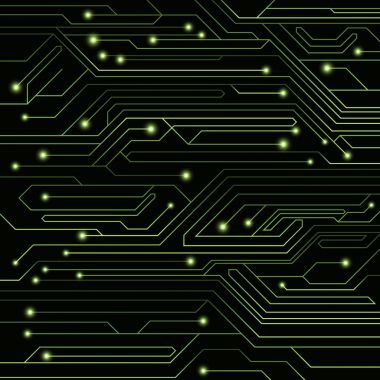 Yüksek teknoloji bilgisayar kurulu LED ve parlak neon bağlayıcılar yeşil renk arka plan. Bilgisayar devre. Büyük bir elektronik ağ. Vektör çizim