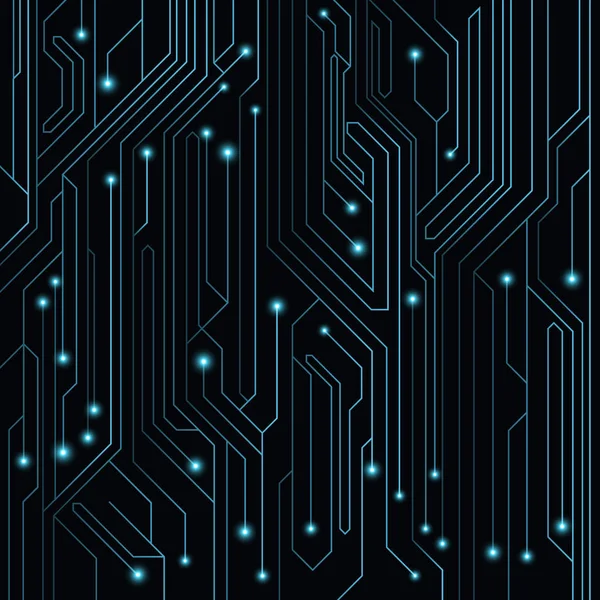 Fondo de alta tecnología de color azul de una placa de ordenador con ledes y conectores de neón luminosos. Circuito informático. Ilustración vectorial — Vector de stock