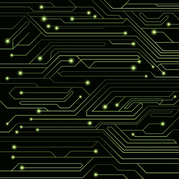 Fondo de alta tecnología de color verde de una placa de ordenador con ledes y conectores de neón luminosos. Circuito informático. Una gran red electrónica. Ilustración vectorial — Vector de stock