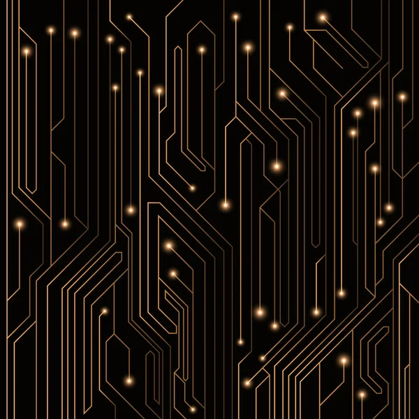 Fondo de alta tecnología de color naranja de una placa de ordenador con ledes y conectores de neón luminosos. Circuito informático. Una gran red electrónica. Ilustración vectorial — Archivo Imágenes Vectoriales