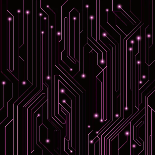 Високотехнологічний фон фіолетового кольору з комп'ютерної дошки зі світлодіодами та яскравими неоновими роз'ємами. Комп'ютерна схема. Велика електронна мережа. Векторні ілюстрації — стоковий вектор