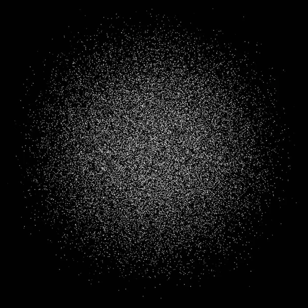 O pó branco abstrato de forma redonda é isolado sobre um fundo preto. Pulverização de partículas finas. Pó branco. Brilho pequeno transparente. Ilustração vetorial —  Vetores de Stock
