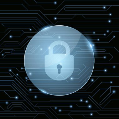 Bir cam afiş parlak mavi konektörler ile bir bilgisayar anakart arka planı kilitli bir kilit ile. Sistem koruma altındadır. Bilgisayar ağı. Vektör çizim