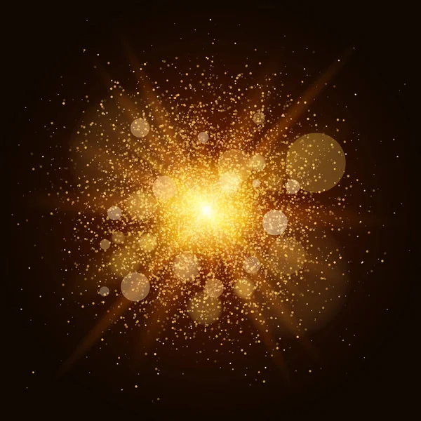 Un destello de oro brillante con polvo mágico se aísla sobre un fondo negro. Filmación para fotos y videos. Ilustración vectorial — Archivo Imágenes Vectoriales