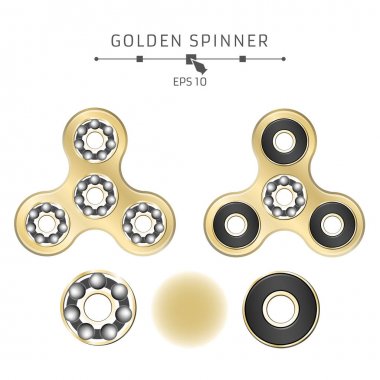 Beyaz bir arka plan üzerinde gerçekçi altın spinner. Demonte rulmanlar ve ayrıntılar. Modern antistress oyuncak parmaklar için. Vektör çizim