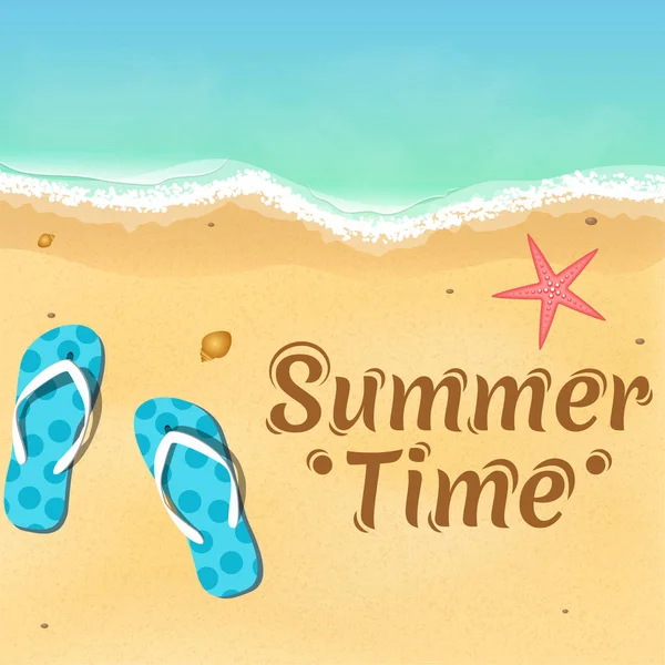 Slates, uma estrela do mar e um belo texto na praia. Abertura da temporada de verão. Relaxa na praia. Ilustração vetorial — Vetor de Stock