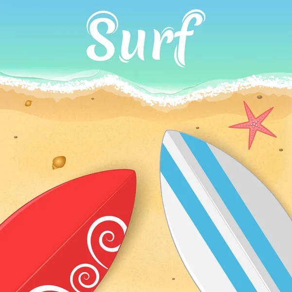 Des planches de surf et une étoile de mer sur l'océan. Ouverture de la saison estivale. Détendez-vous sur la plage. Illustration vectorielle — Image vectorielle