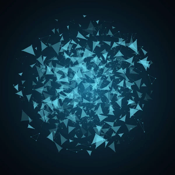 Fondo resplandeciente abstracto en el estilo de plexo. Los triángulos voladores son azules en la oscuridad. Big data y ciencia ficción. Tecnologías modernas en diseño — Vector de stock