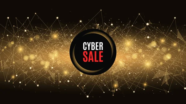 Cyber sale. Abstract futuristic yellow background with banner. Connection of triangles and dots. A glowing web — Stock Vector