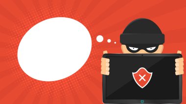Çizgi film cybercriminal bir kırık tablet elinde tutar. Hacker erişim kodu kırık. Ekranda kırmızı bir kalkan. Metin için boş bulut. Karikatür tarzı