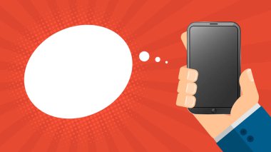 Adam bir modern telefon tutuyor. Yüksek teknoloji Elektronik Gadget'ı. Kırmızı arka plan ile düz bir tarzda ışınları. Metin için boş boş bulut