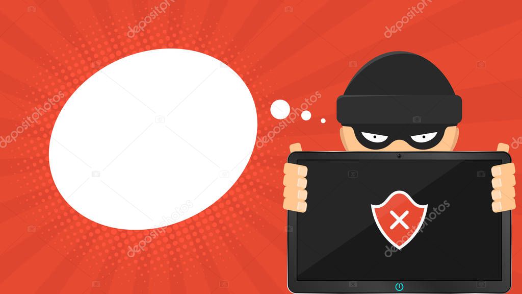 A cartoon cybercriminal holds a broken tablet in his hands. The hacker cracked the access code. A red shield on the screen. Empty cloud for text. Cartoon style