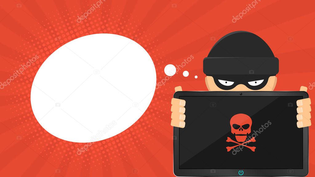 A cartoon hacker is holding a broken tablet in his hands. Empty cloud for text. Red skull on the screen. High-tech computer. Cartoon style