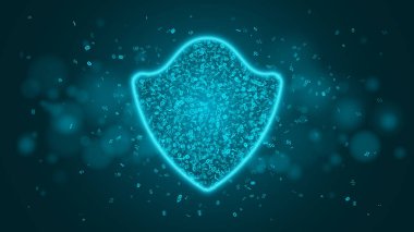 Sembolleri programlama parlayan bir mavi kalkan. Sistem güvenliği. Yüksek teknoloji neon kalkan. Güçlü koruma. Siber suç