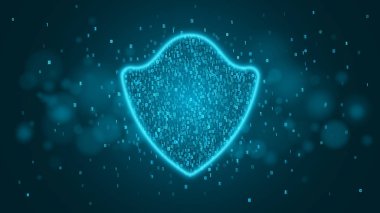 Yüksek teknoloji bilgisayar kavramı. Bir mavi parlak neon kalkan ikili kodunu yaptı. Sistem korumalı
