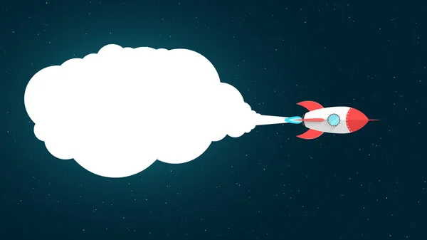 Карикатурная красная ракета летит в космос. Космическая концепция Белое облако дыма от турбины. Пустой баннер для твоего сообщения. Звездное небо с падающими звездами. Векторная иллюстрация — стоковый вектор