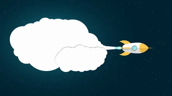 Желтая мультяшная ракета летит в космосе. Космическая концепция Белое облако дыма от турбины. Пустой баннер для твоего сообщения. Звездное небо с падающими звездами. Векторная иллюстрация — стоковый вектор